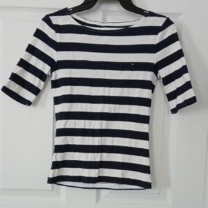 Tommy Hilfiger Navy Blue and White Striped Women's Tee